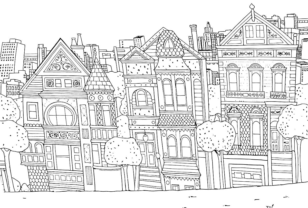 Раскраска Антистресс раскраска с изображением городских домов и деревьев, линии домов, плотная городская застройка