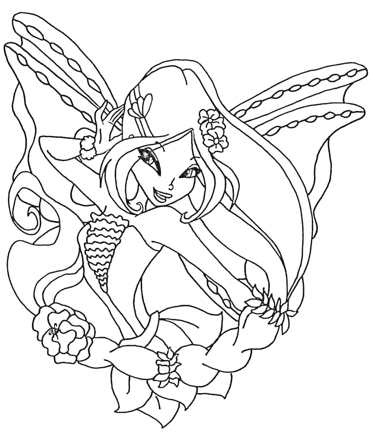 Раскраска Фея с длинными волосами и крыльями, цветы в волосах и на платье