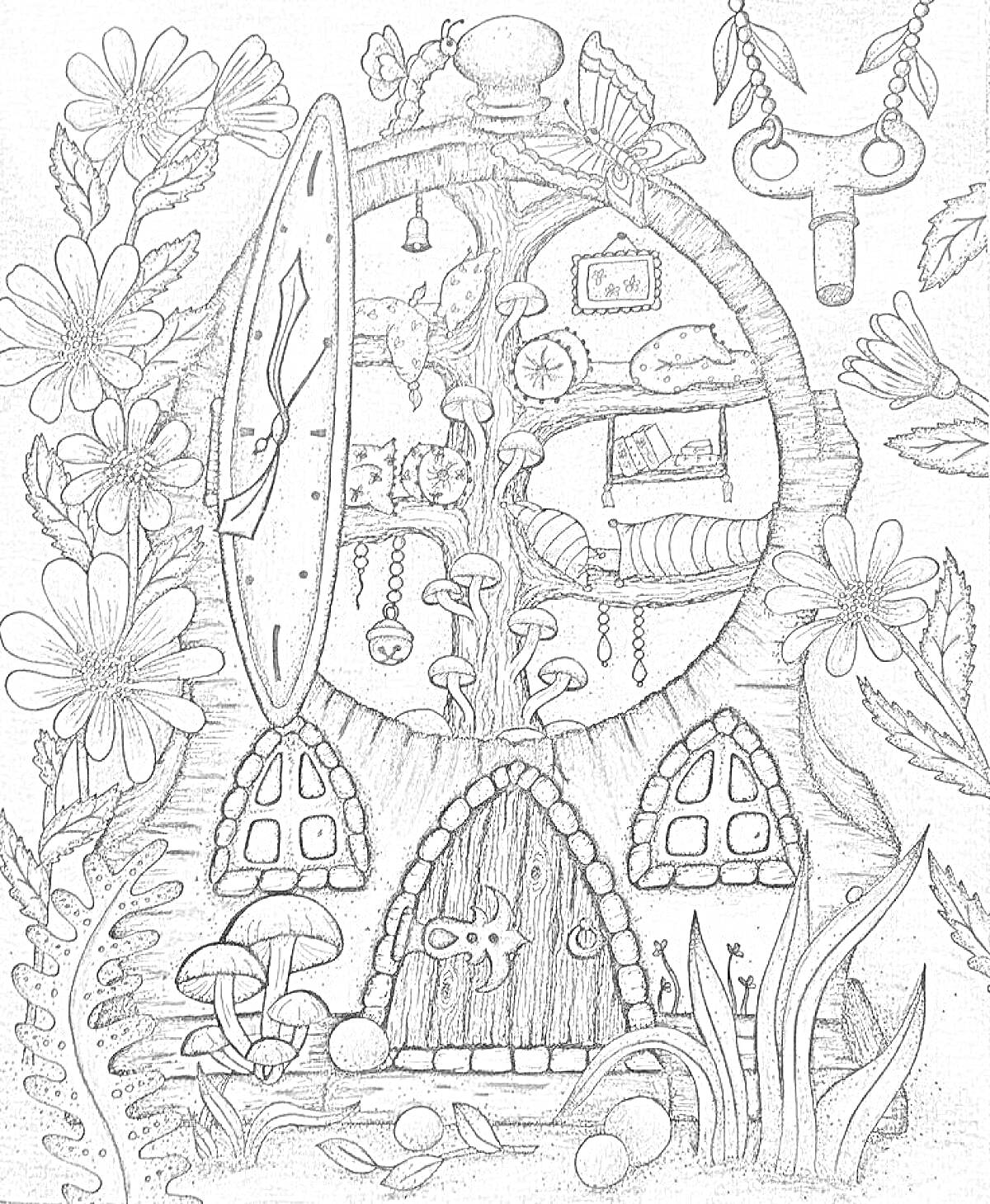 Раскраска Домик в форме часов с цветами, грибами и лесными элементами