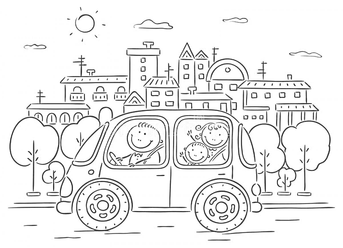 Раскраска семейный автомобиль на фоне городских зданий и деревьев с улыбающимися людьми внутри