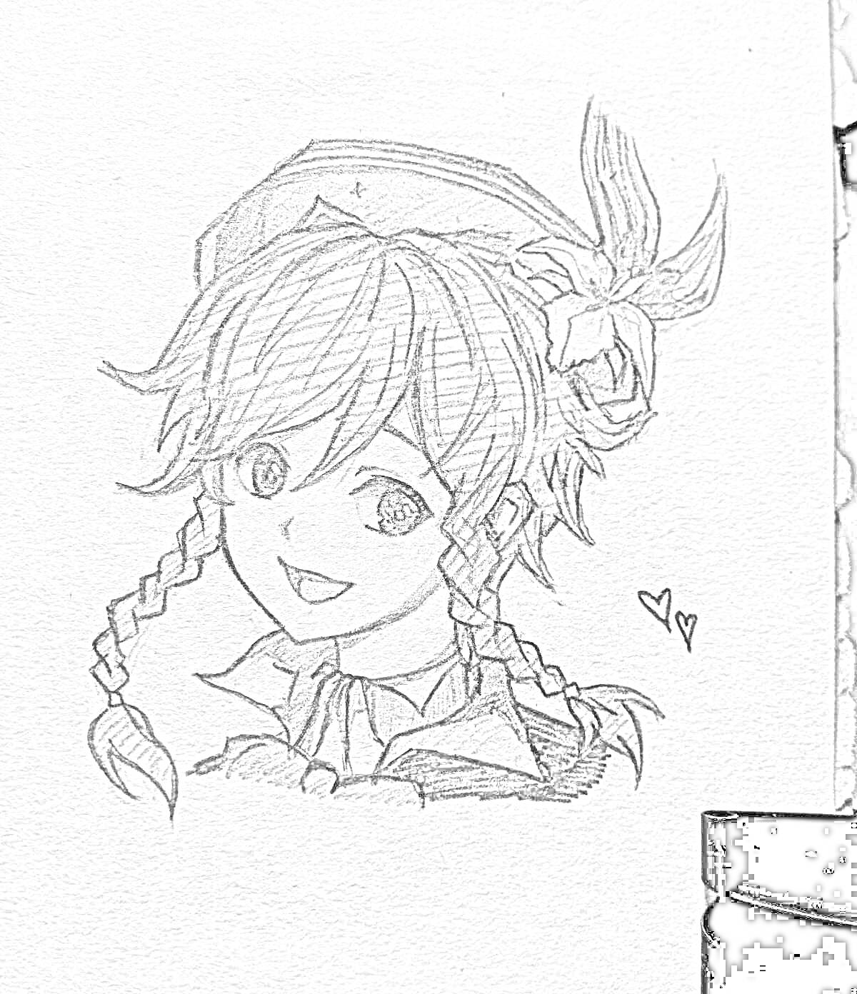 Раскраска Венти из Genshin Impact, рисунок Венти с двумя косичками, шляпа с цветком, две маленькие сердечки