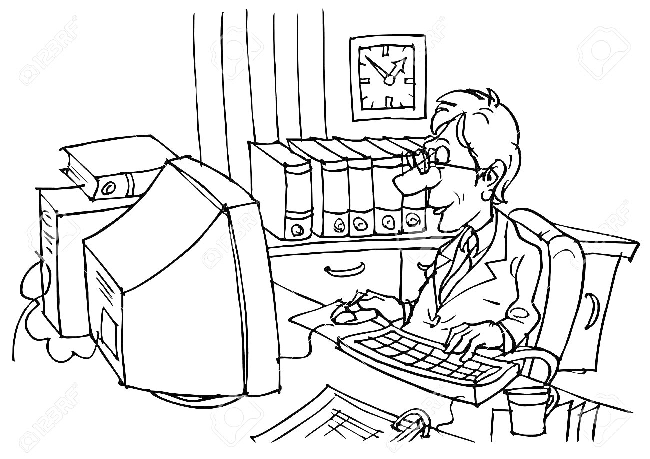 На раскраске изображено: Бухгалтер, Профессия, Компьютер, Офис, Документы, Папки, Часы, Монитор, Клавиатура, Мышь