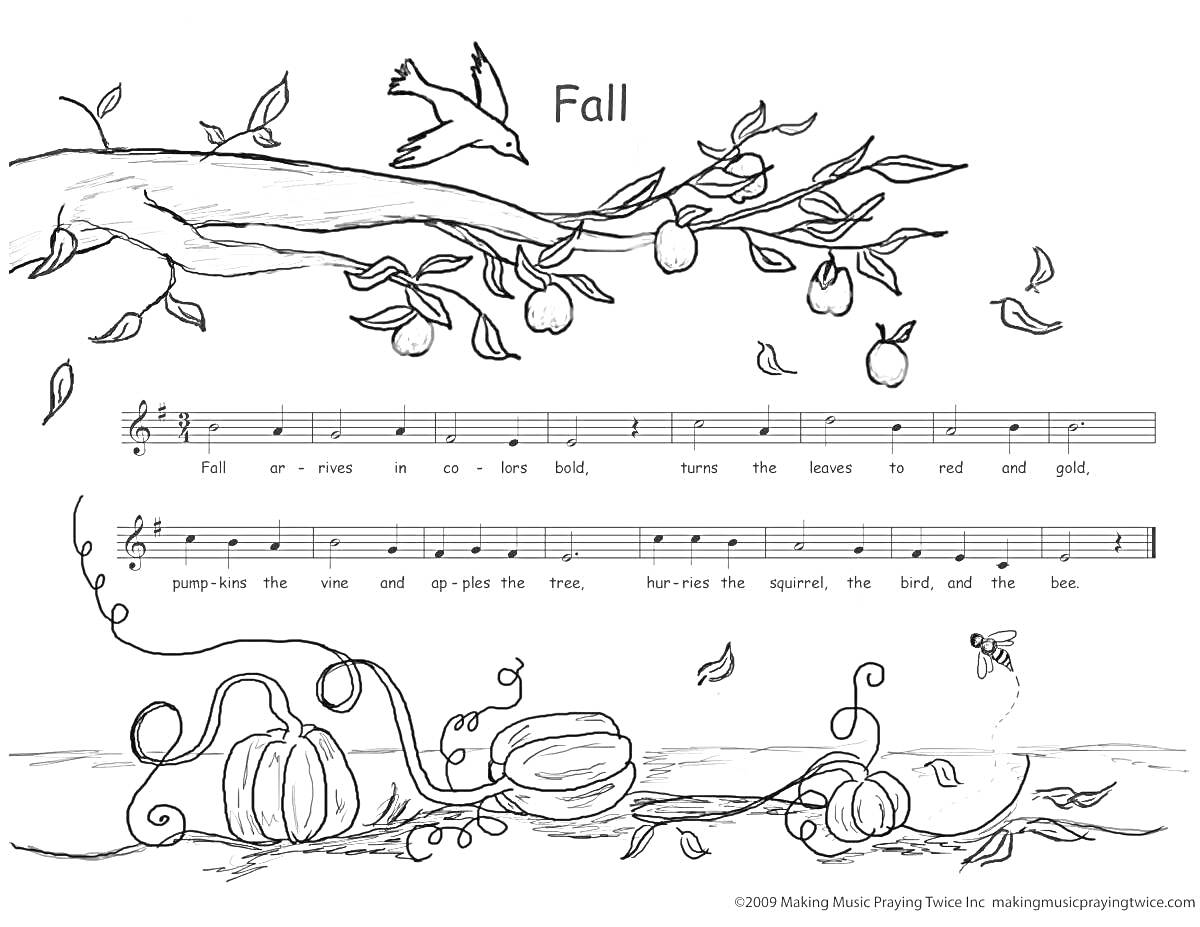 Раскраска ветка с листьями и птицей, тыквы и осенние листья, нотный стан с песней