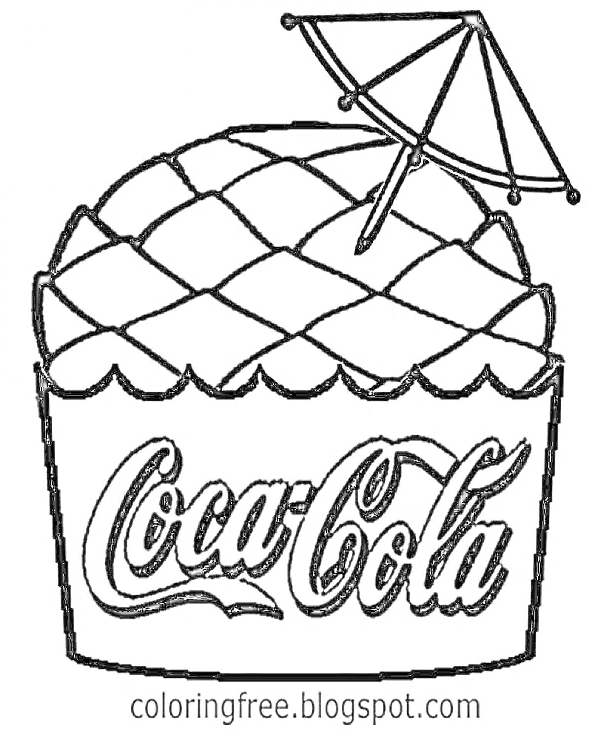 На раскраске изображено: Coca-Cola, Напиток, Стакан, Крышка, Ананас, Десерты, Зонт