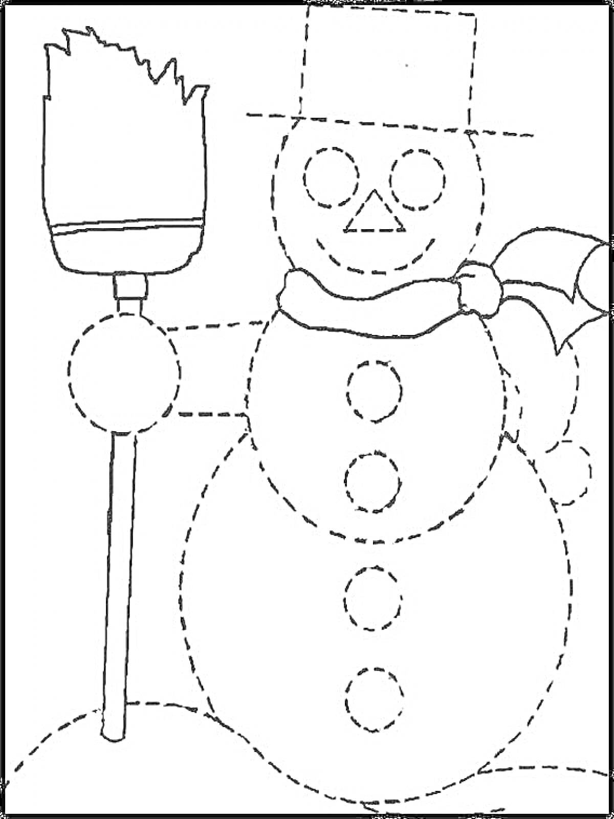На раскраске изображено: Снеговик, Зима, Снег, Метла, Шарф, Пуговицы