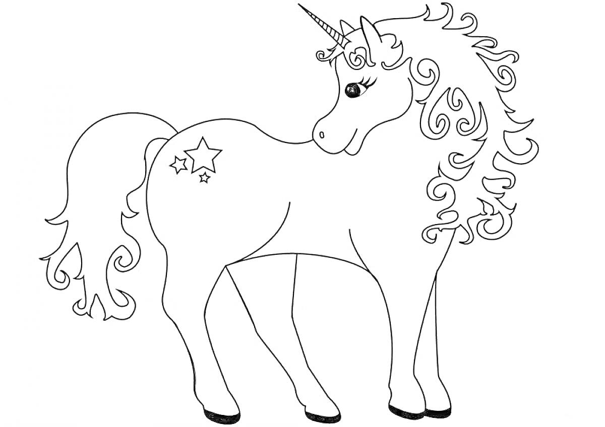 Раскраска Единорог с декоративной гривой и звездочками на боку
