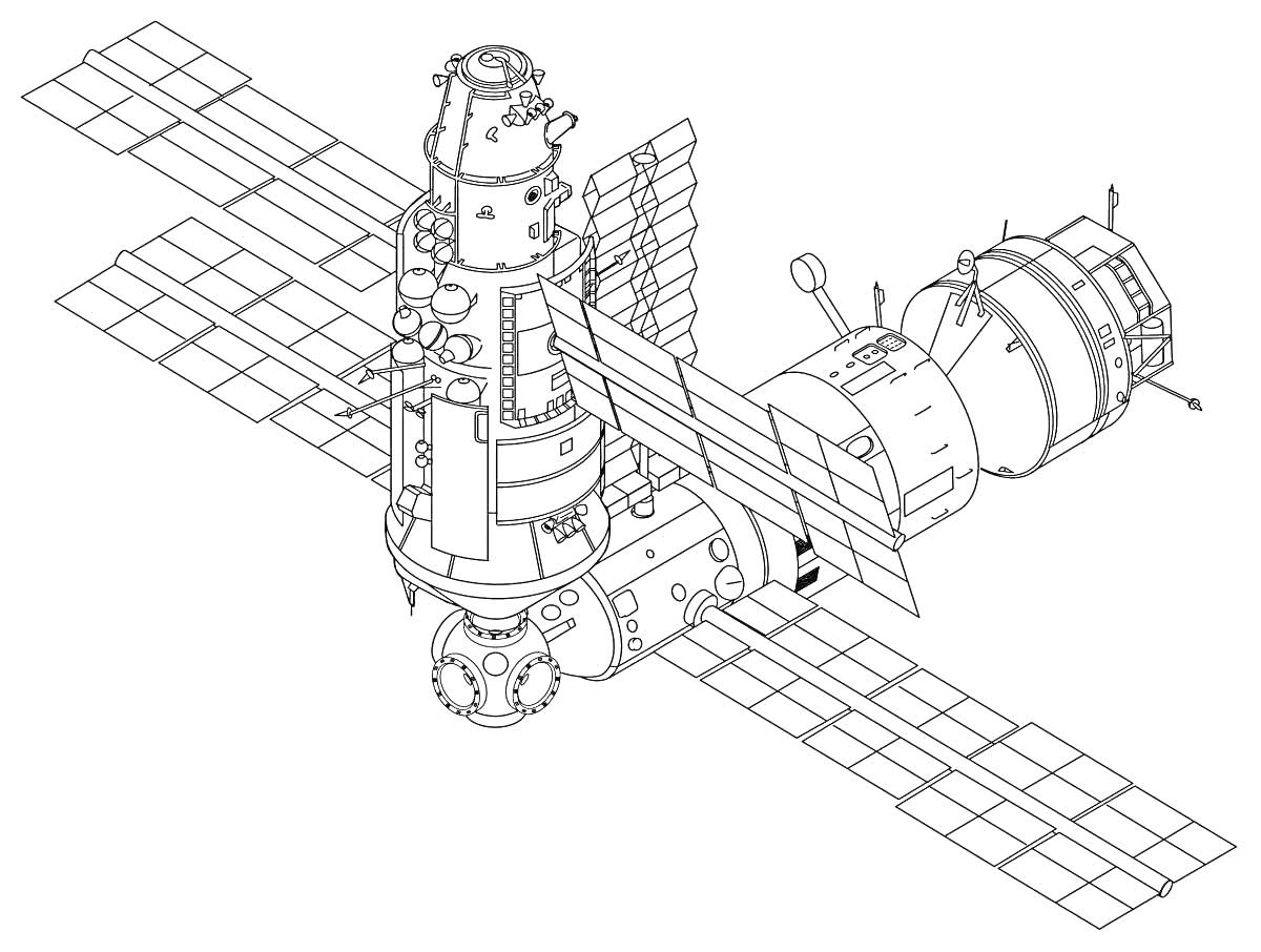 Раскраска Международная космическая станция с модулями и солнечными панелями