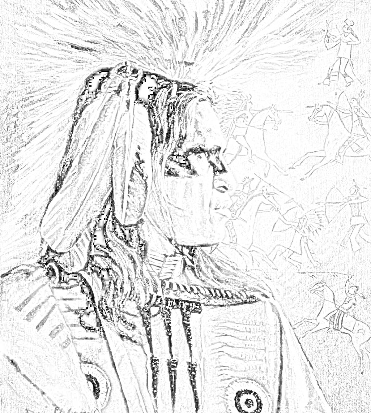 Раскраска Портрет индейца в боевом облачении на фоне исторической батальной сцены