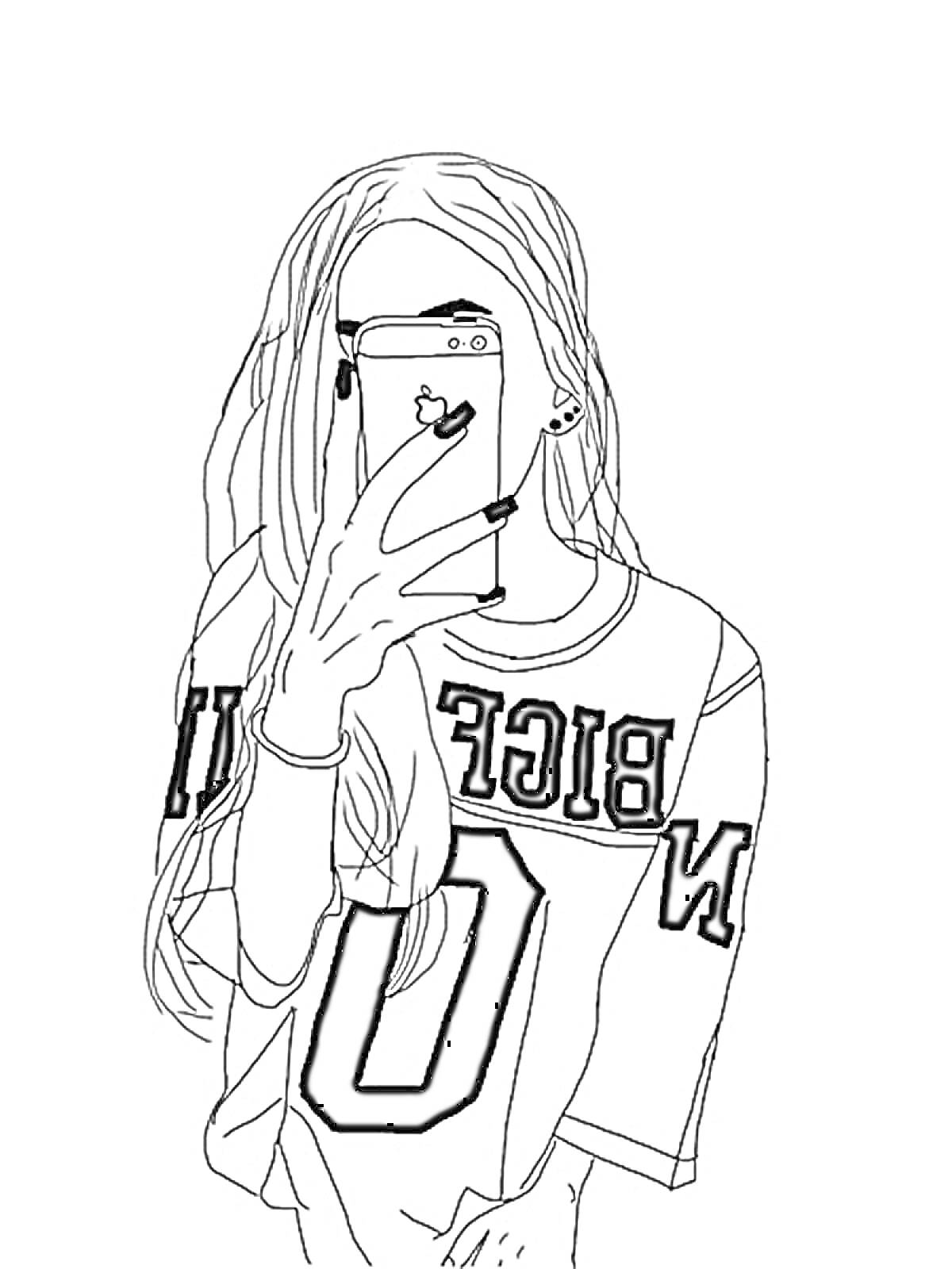 Раскраска Девушка с телефоном в футболке с надписью 