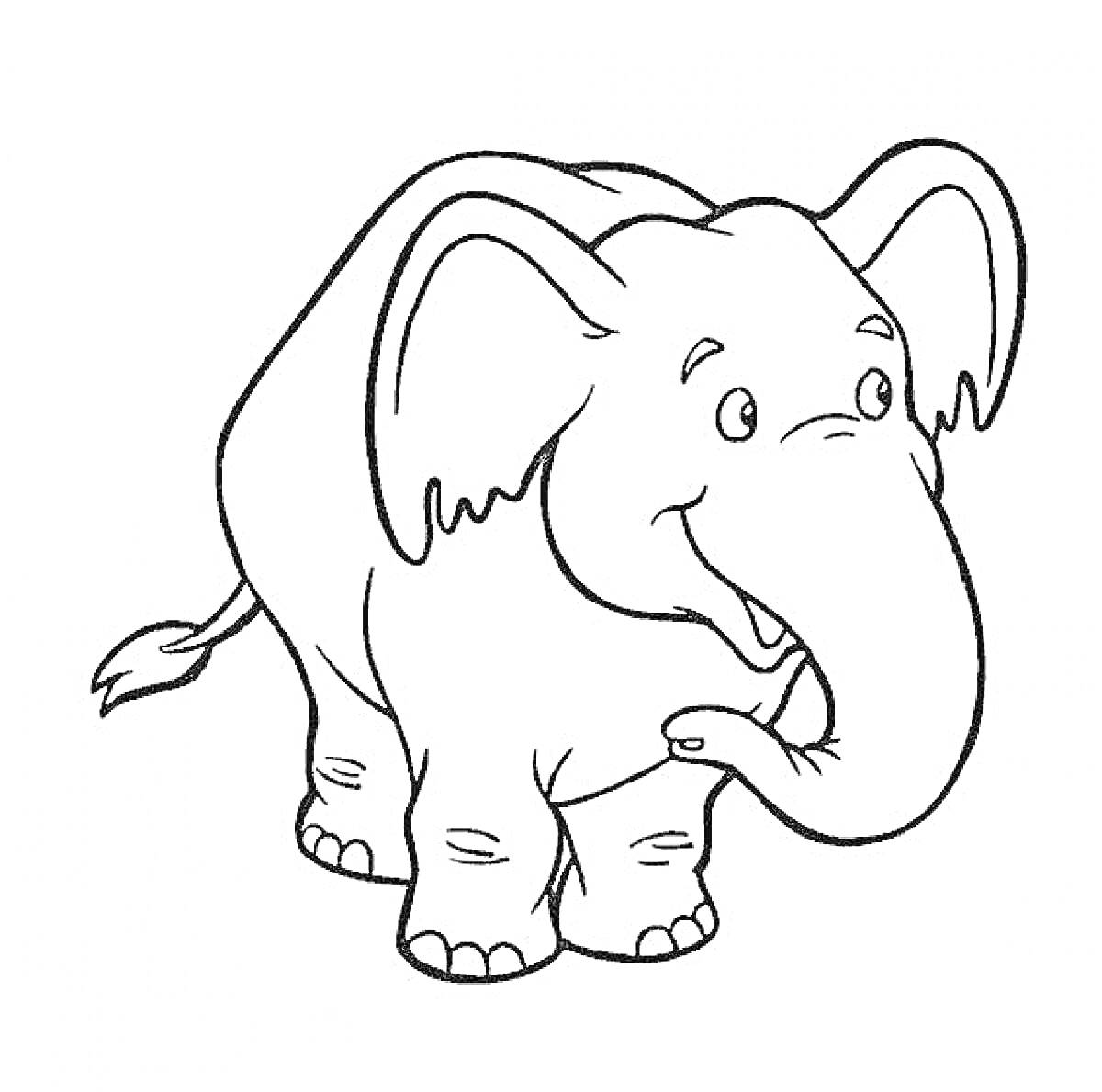 Раскраска Улыбающийся слон с вывернутым хоботом