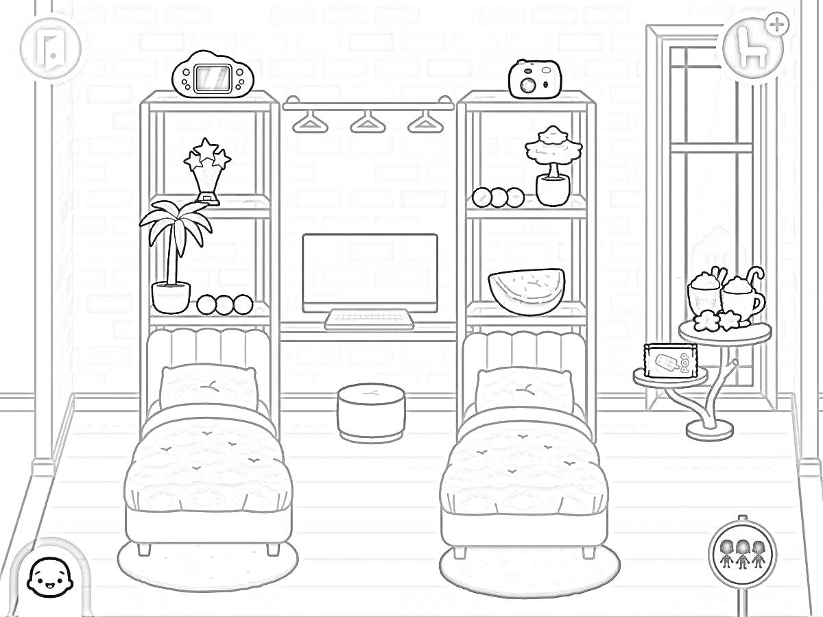 Раскраска Две кровати с оранжевыми одеялами и тумбочками, две книжные полки с игрушками, телевизор, окно с видом, стол с фруктами