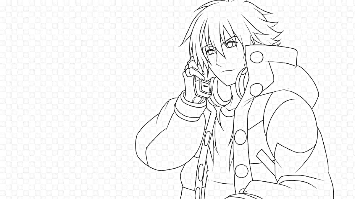 Раскраска Аниме парень с короткими волосами в куртке с большими пуговицами, разговаривающий по телефону