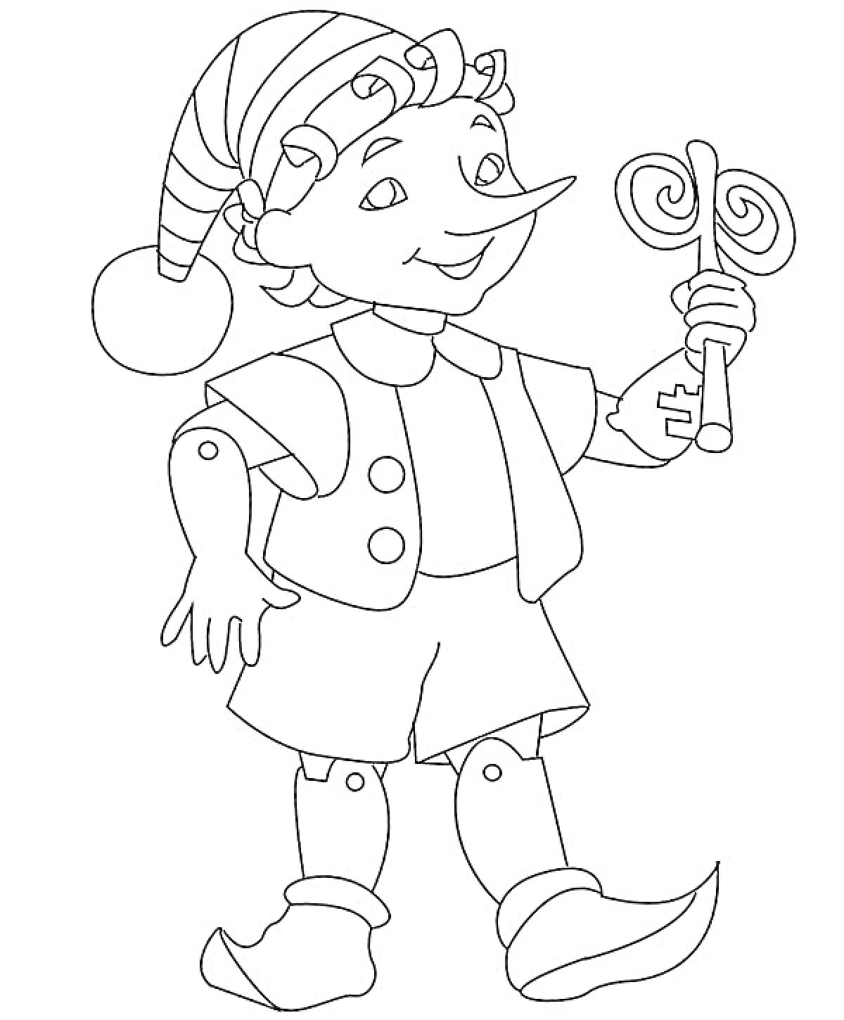 Раскраска Мальчик в шапке с бубоном, рубашке, жилете, брюках и башмаках, держащий ключ