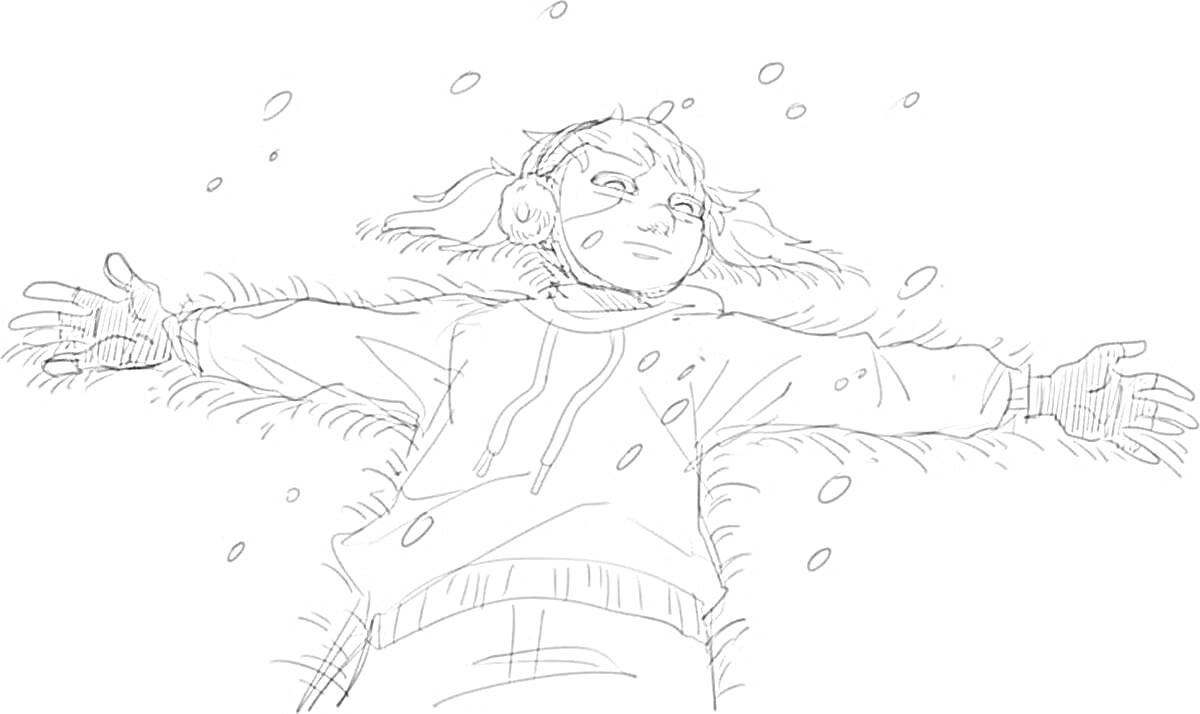Раскраска Салли Фейс делает ангела в снегу, в наушниках и с короткими хвостиками