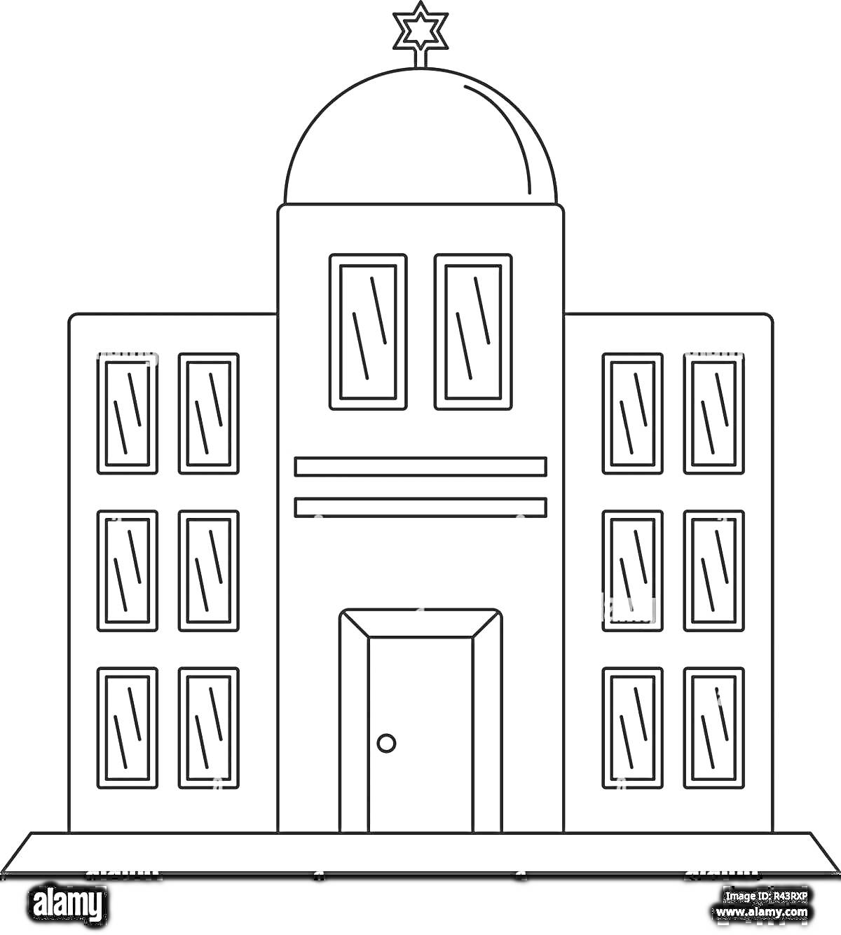 Раскраска Здание синагоги с куполом и шестиконечной звездой, высокими окнами и центральной дверью
