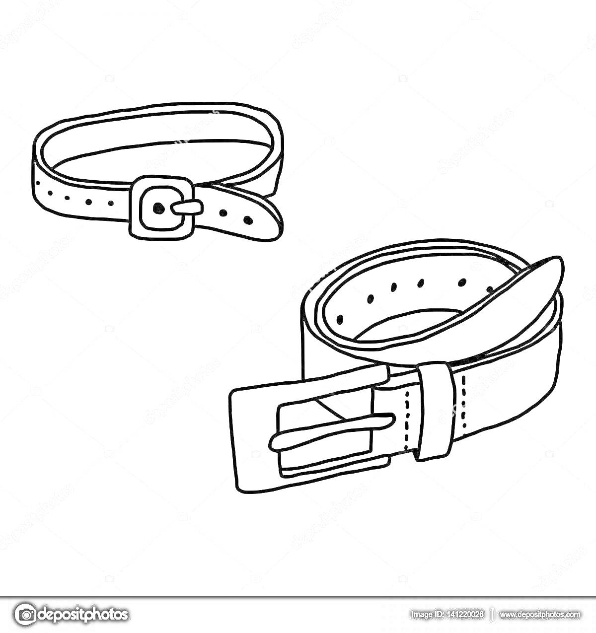 Раскраска два ремня, один с круглой пряжкой, второй с прямоугольной пряжкой