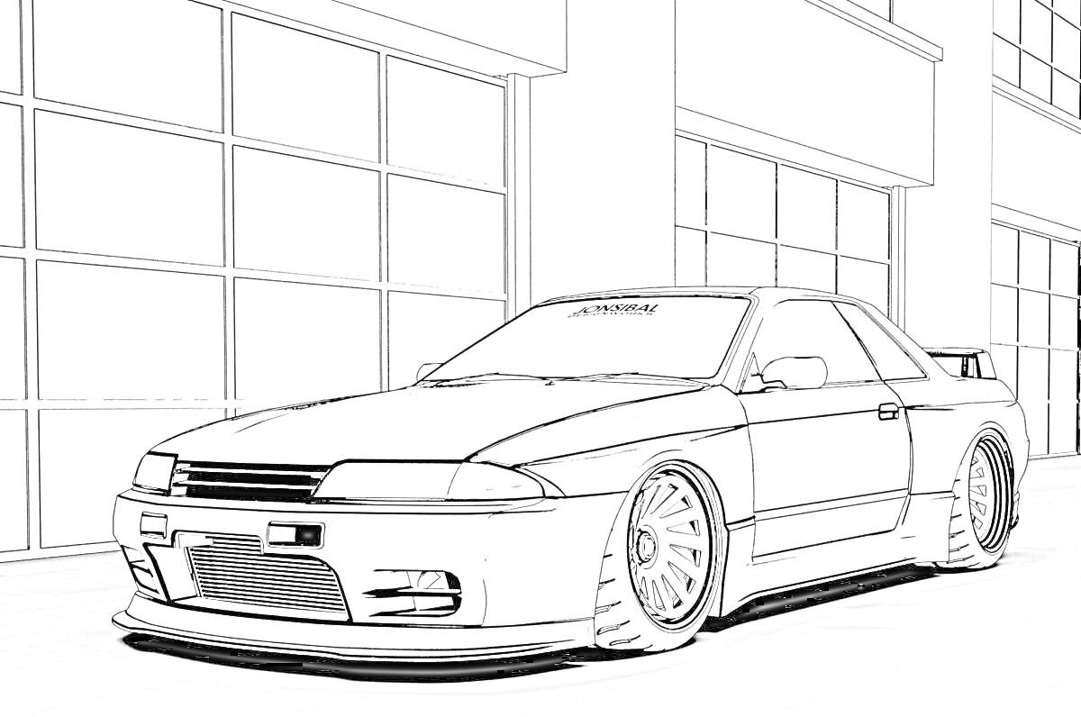 Раскраска Nissan Skyline R34 на фоне гаражного комплекса с окнами