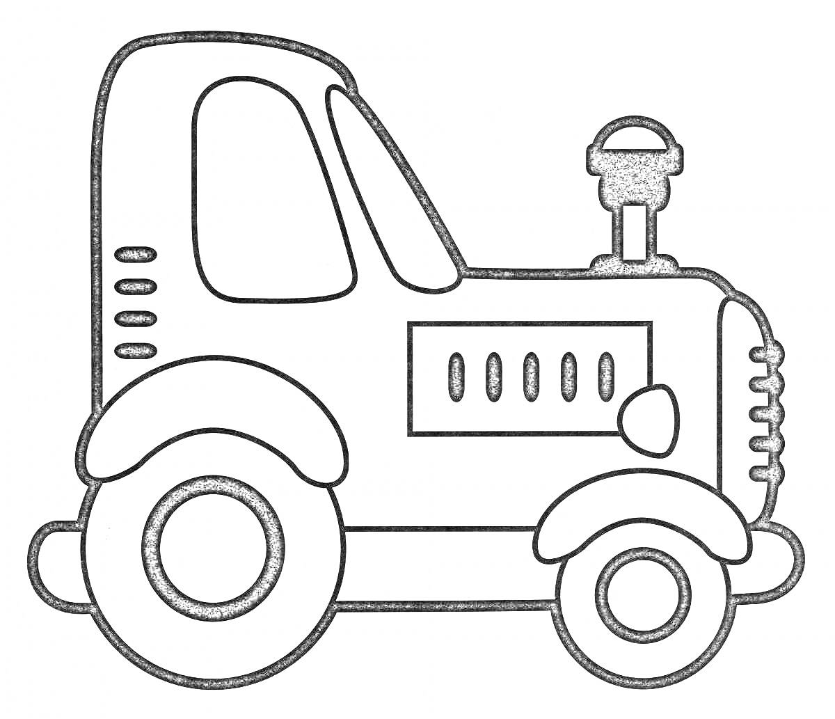 Раскраска Трактор машинка с кабиной, глушителем, и двумя колёсами