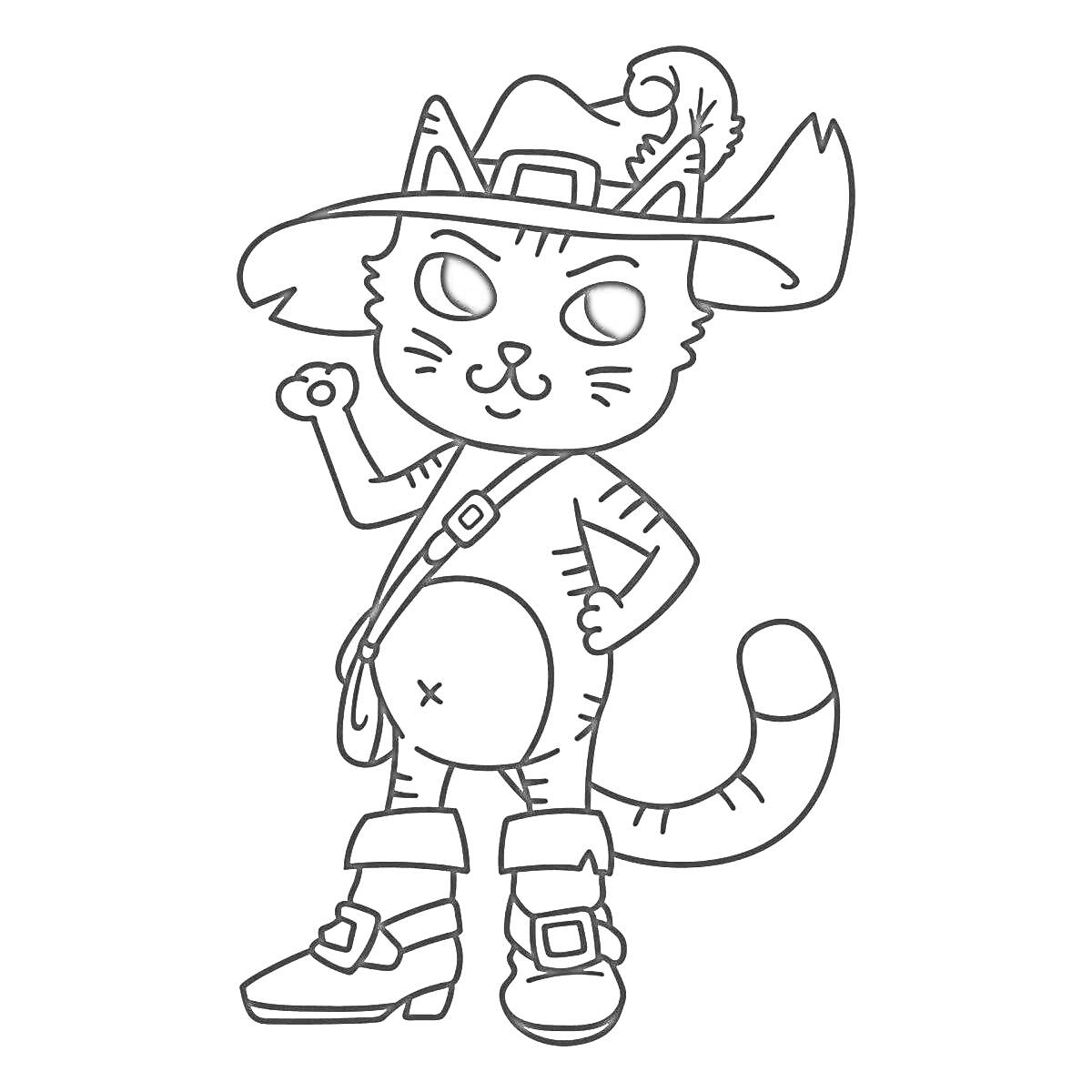 Раскраска Кот в сапогах с шляпой, сапогами, шляпой с пером, поясной сумкой и поднятой лапой