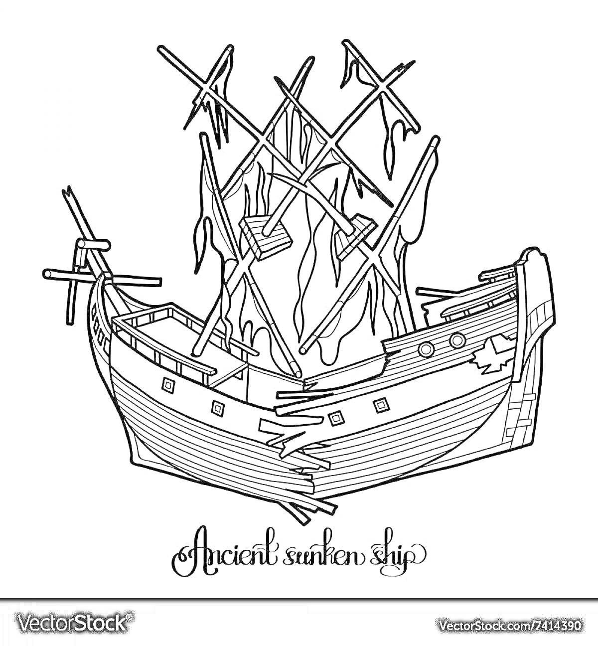 На раскраске изображено: Затонувший корабль, Паруса, Море, Под водой, Руины, Приключения