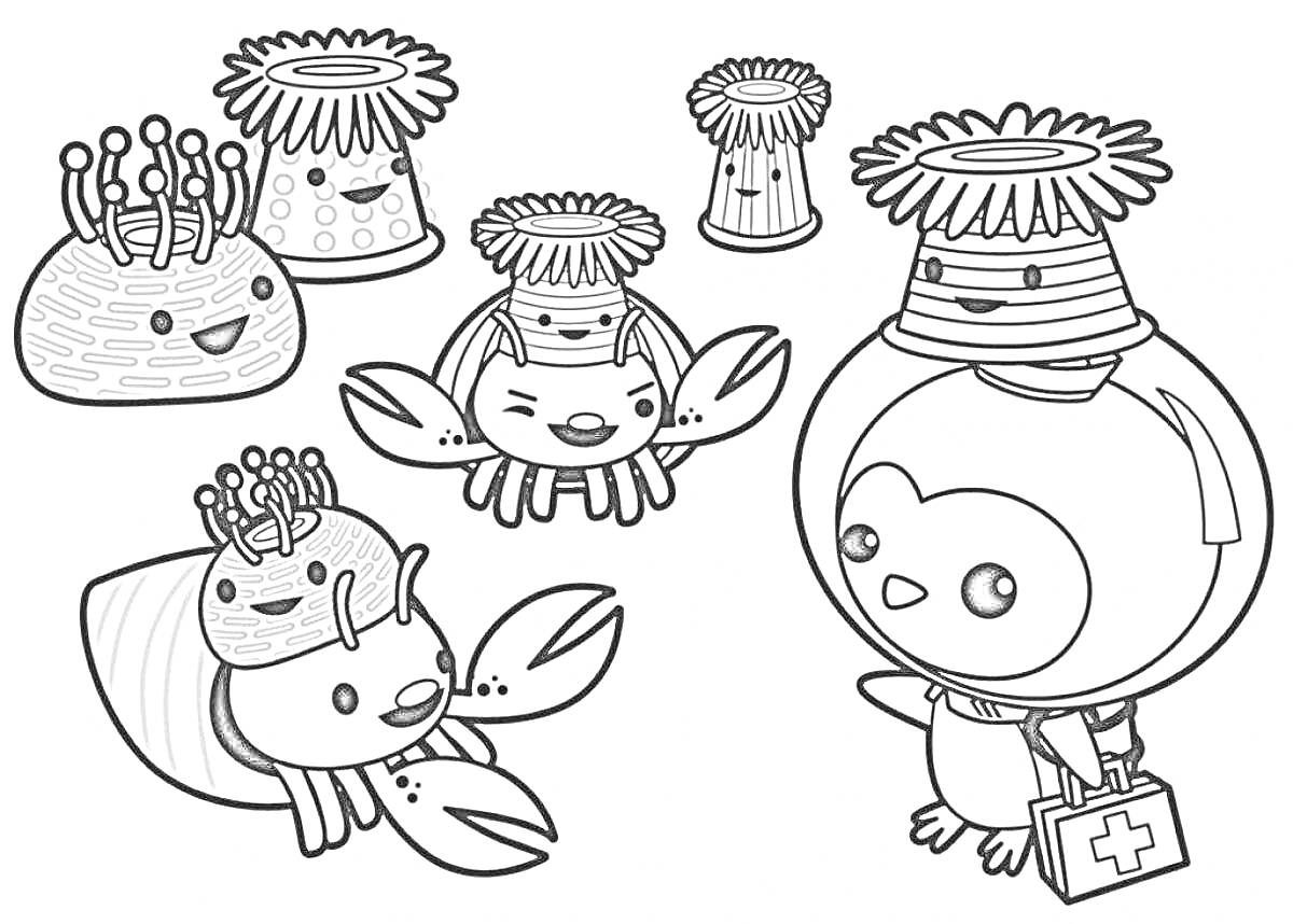 Раскраска Персонаж Октонафтов с медвежонком и морскими существами
