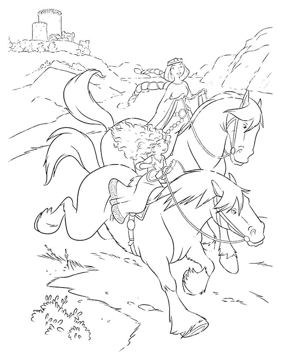 Раскраска Принцесса и всадник на лошадях в горах, замок на заднем плане