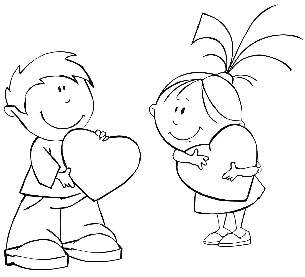 Раскраска Девочка и мальчик с сердцами в руках