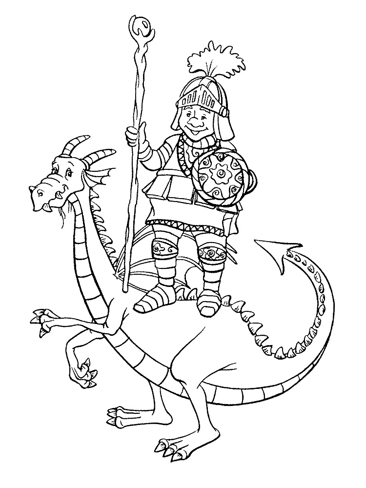Раскраска Рыцарь на драконе с копьем и щитом