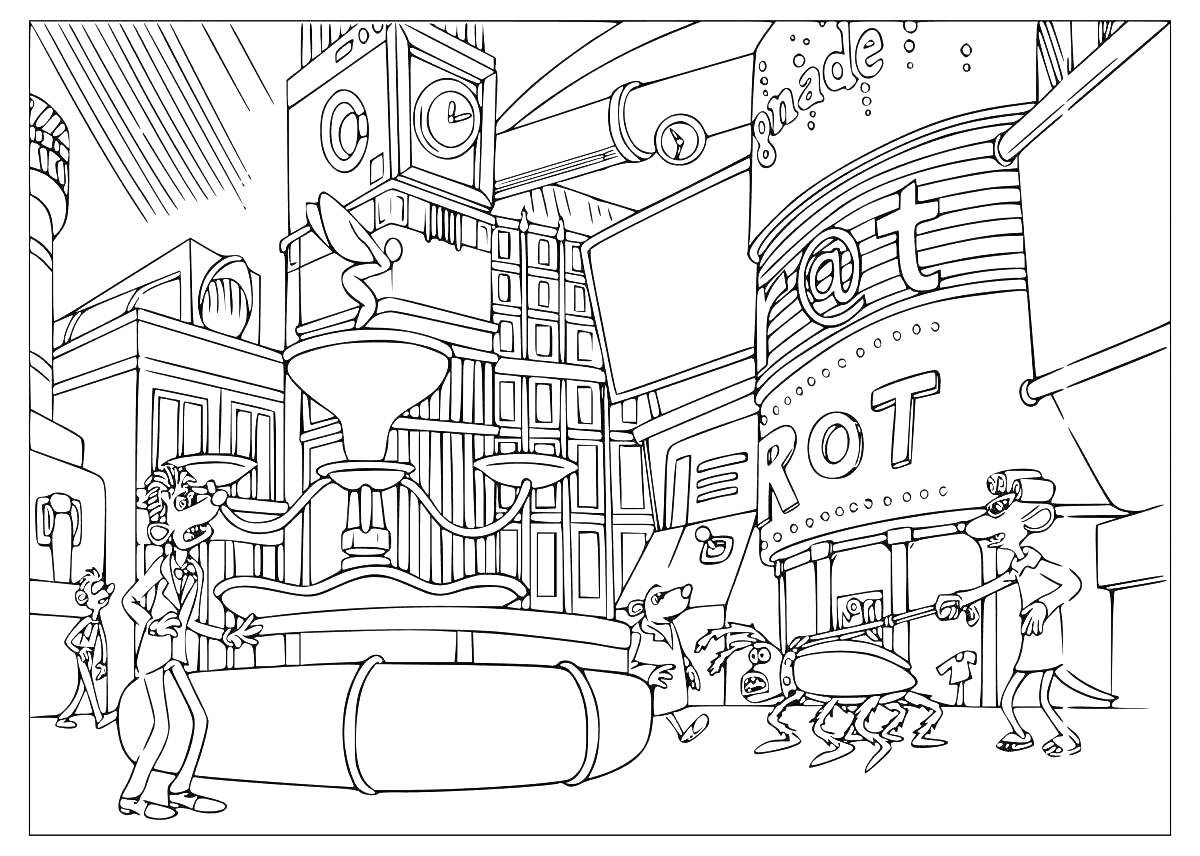 Раскраска Улица фантастического города с фонтаном, часами и людьми рядом с роботами