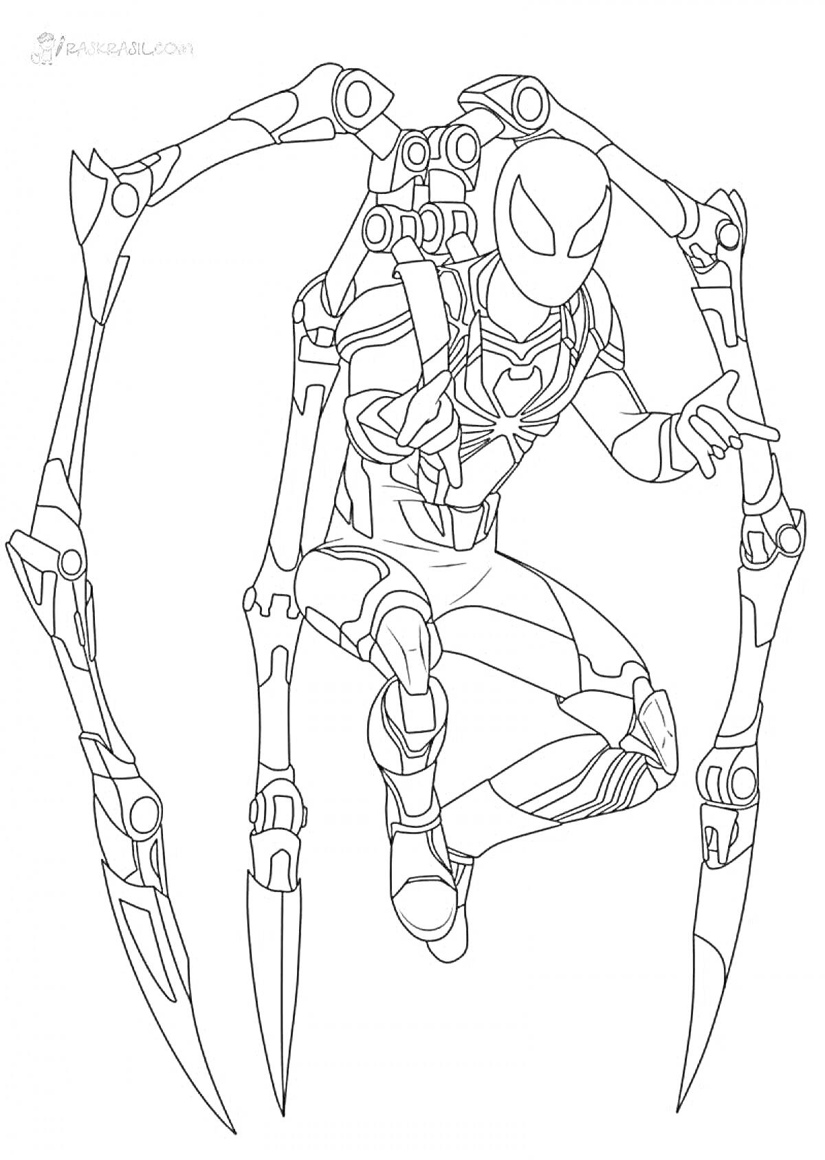 РаскраскаЖелезный Паук с механическими паучьими лапами, в прыжке, в костюме