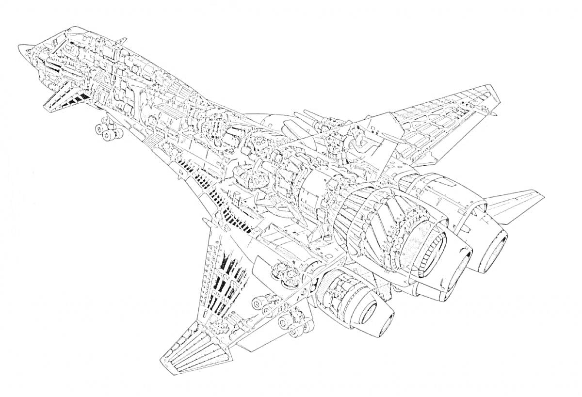 Раскраска Космолет с подробной технической начинкой, двигатели, крылья, кабина пилота, технические детали