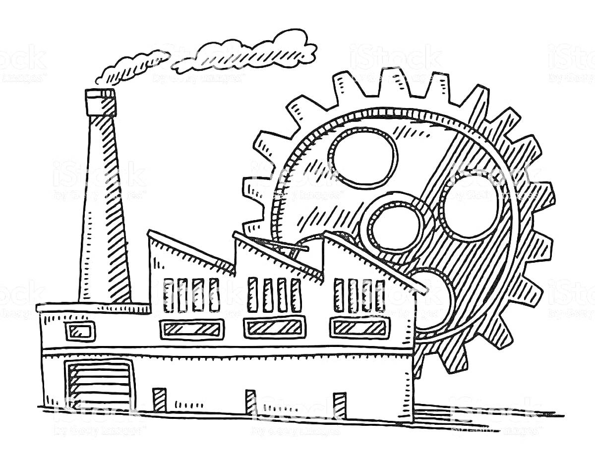 Раскраска Завод с высокой дымовой трубой и большим зубчатым колесом на заднем плане.