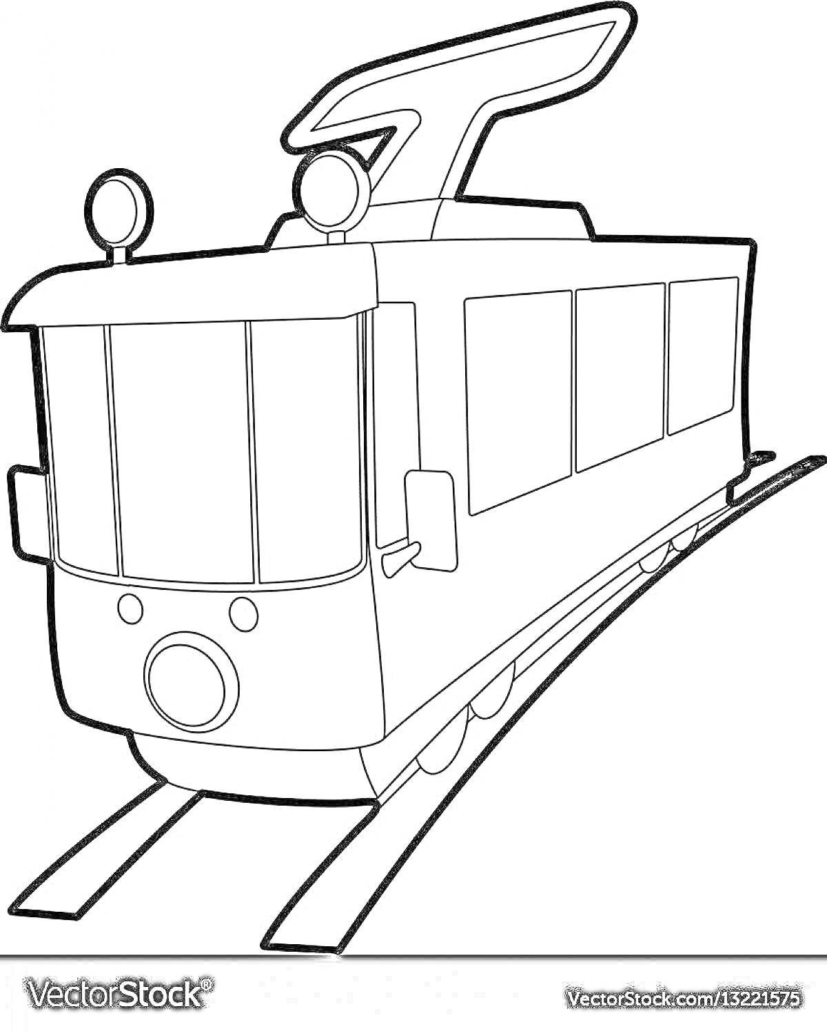 На раскраске изображено: Трамвай, Рельсы, Окна, Освещение, Транспорт, 4 года, 5 лет