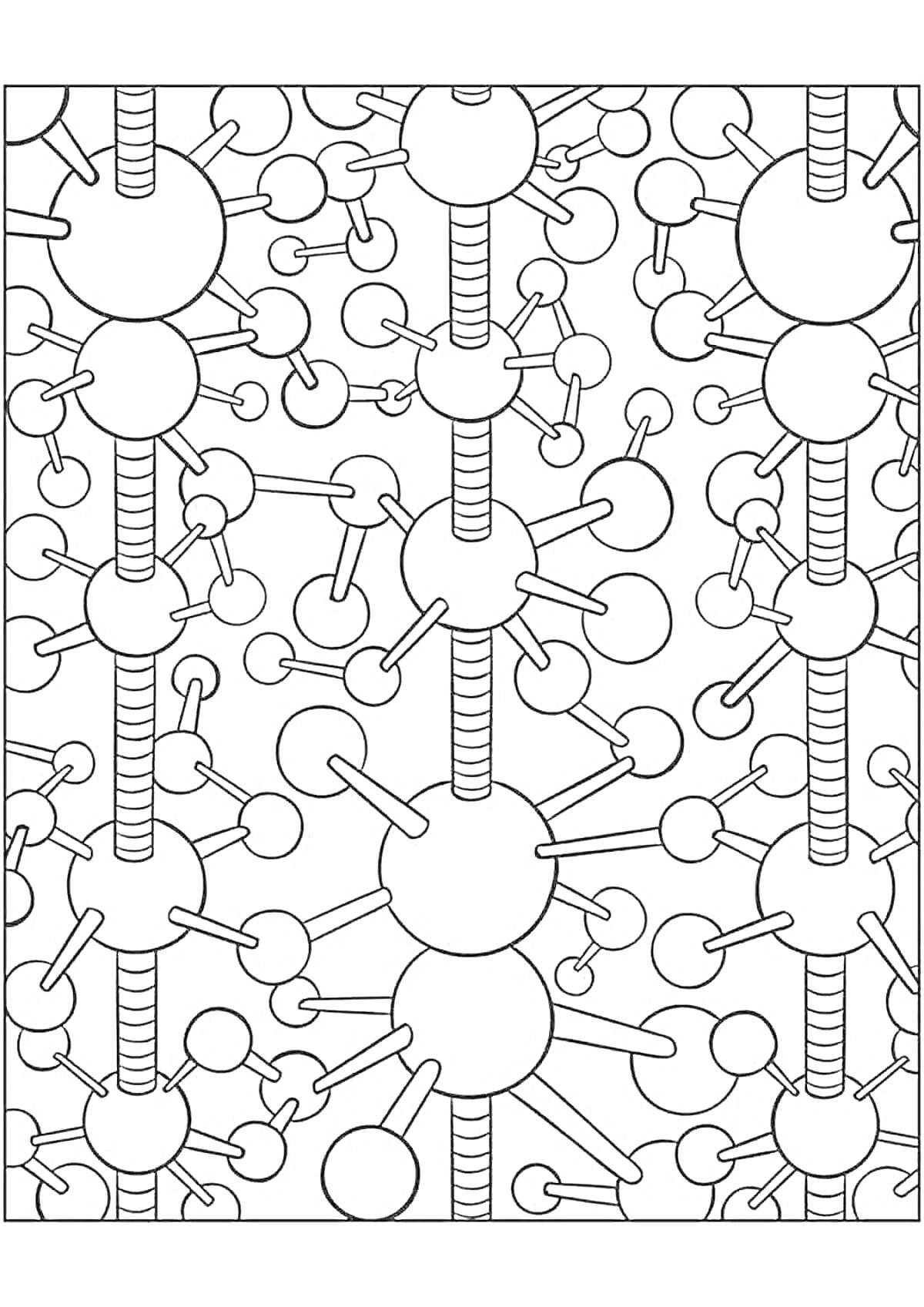 Раскраска Молекулы и соединения с атомами на фоне, антистресс раскраска