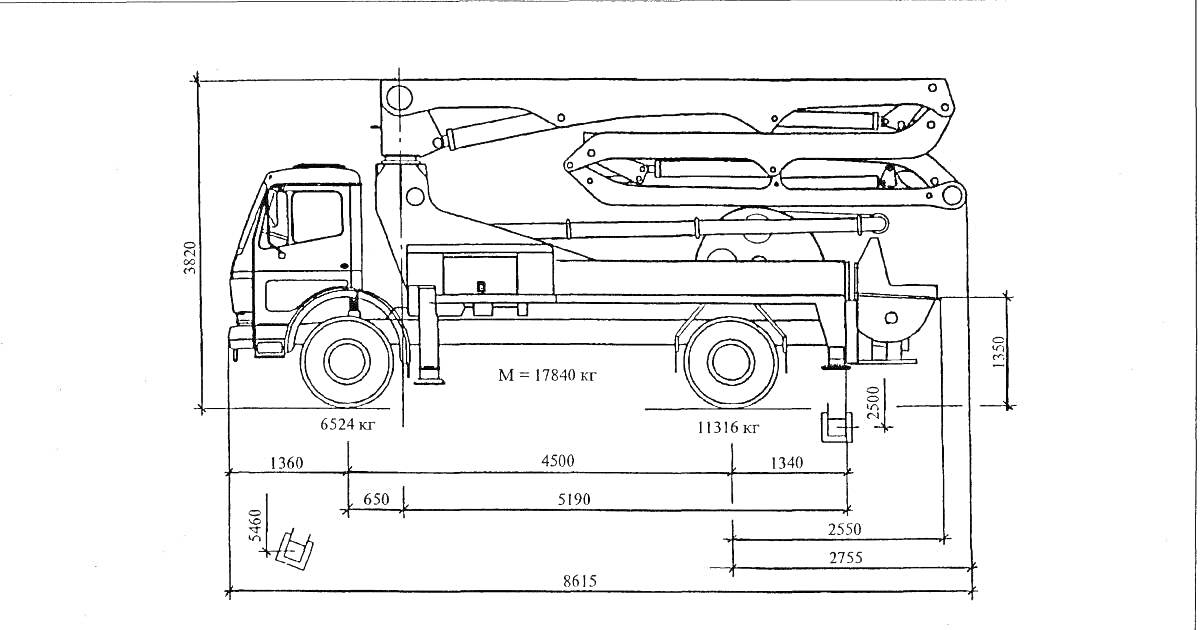 Бетононасос на грузовом шасси с раздвижной стрелой и техническими размерами