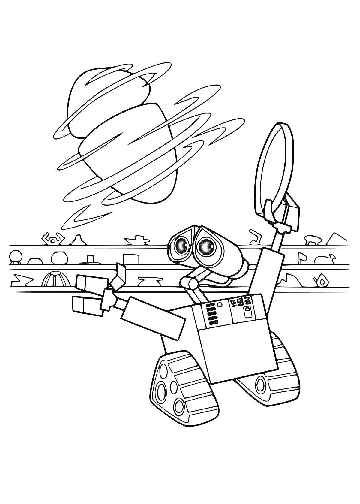 Раскраска ВАЛЛ-И, подбрасывающий тарелку на фоне груды мусора и облаков