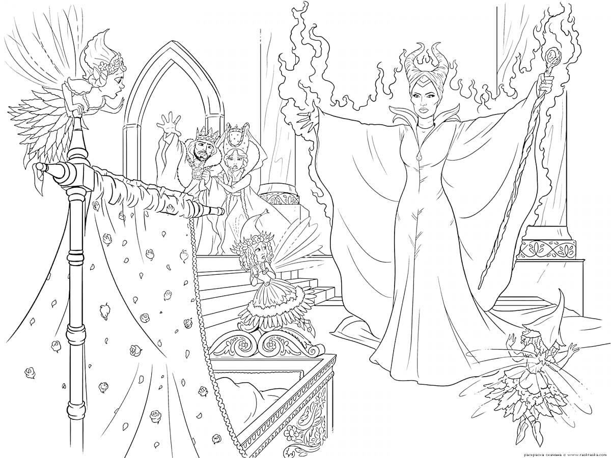 Раскраска Малефисента в королевском зале с постелью, колоннами и растениями, использующая магию