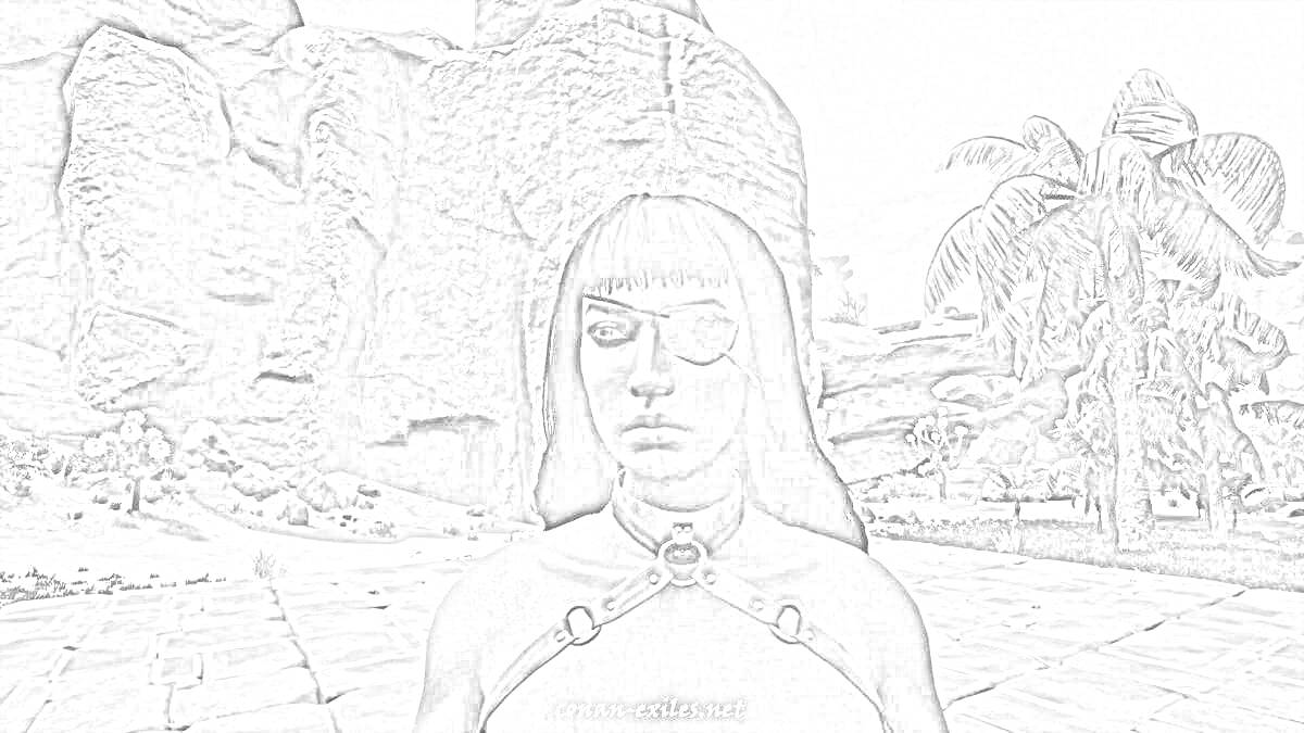Раскраска Женщина с длинными волосами и повязкой на один глаз, стоящая на фоне скал и пальм на арене из игры Conan Exiles