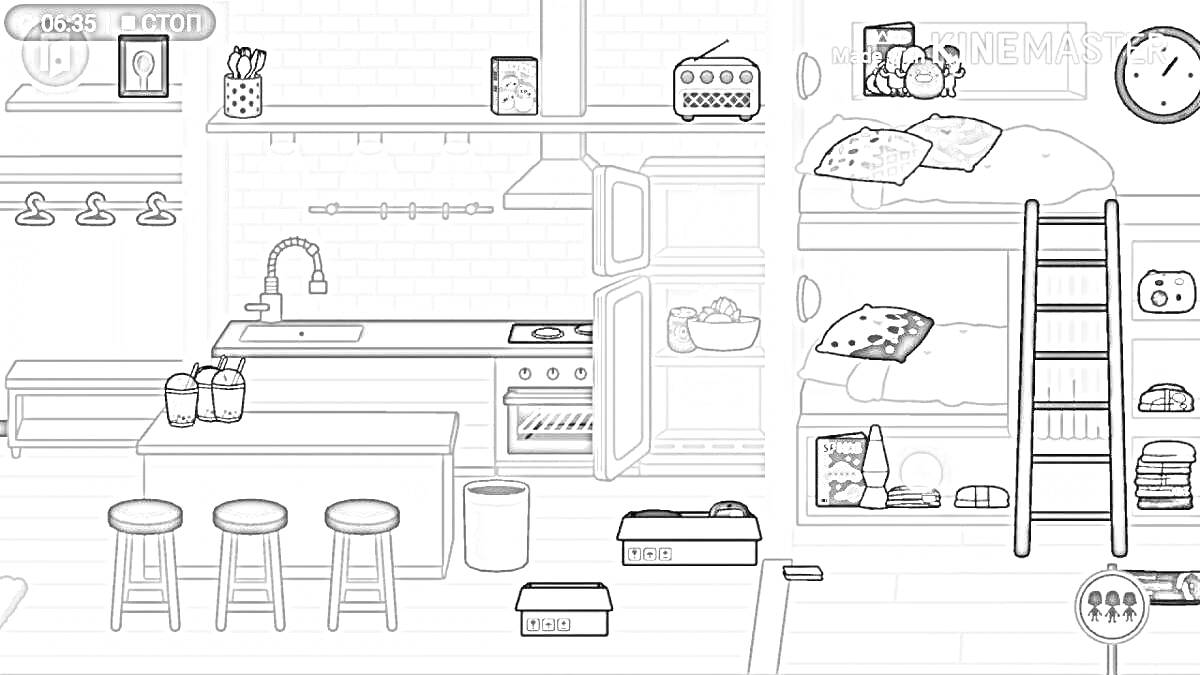 На раскраске изображено: Кухня, Спальня, Тока бока, Двухъярусная кровать, Плита, Холодильник, Посуда, Игрушки, Часы, Вытяжка, Лампа, Будильник