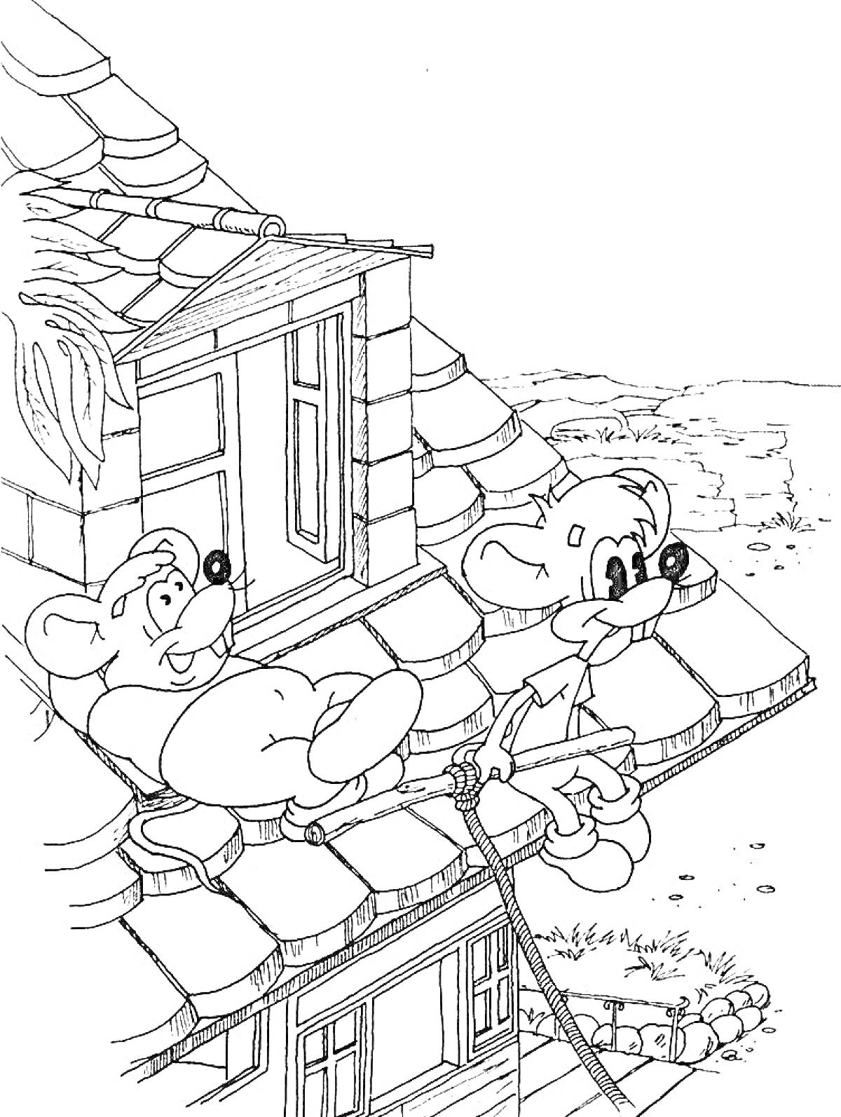 Две мышки на крыше дома с покатой крышей, окно на чердаке, веревка, ведущая вниз