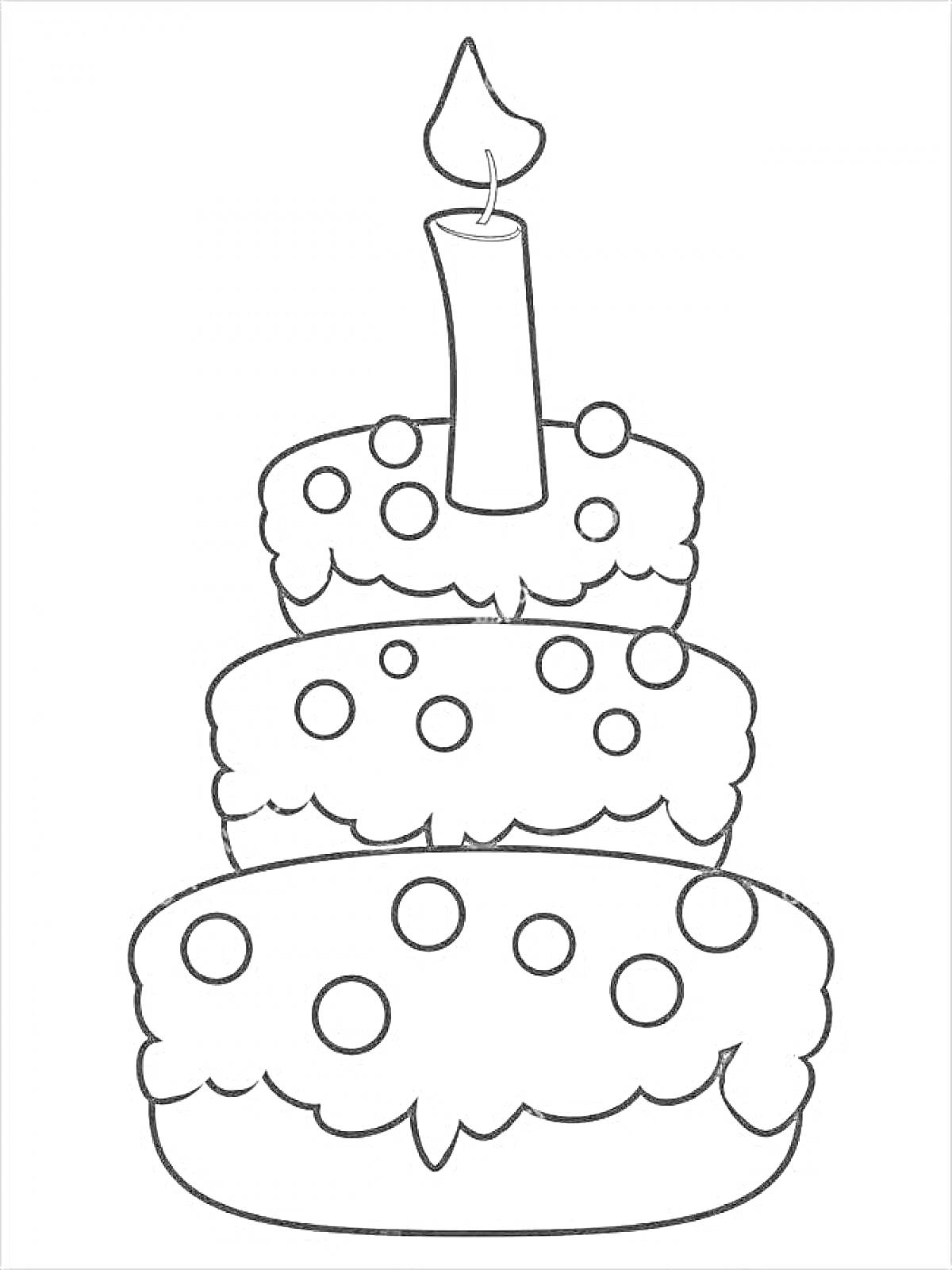 Раскраска Трехъярусный торт с кремом, украшениями в виде шариков и свечой в виде единорога