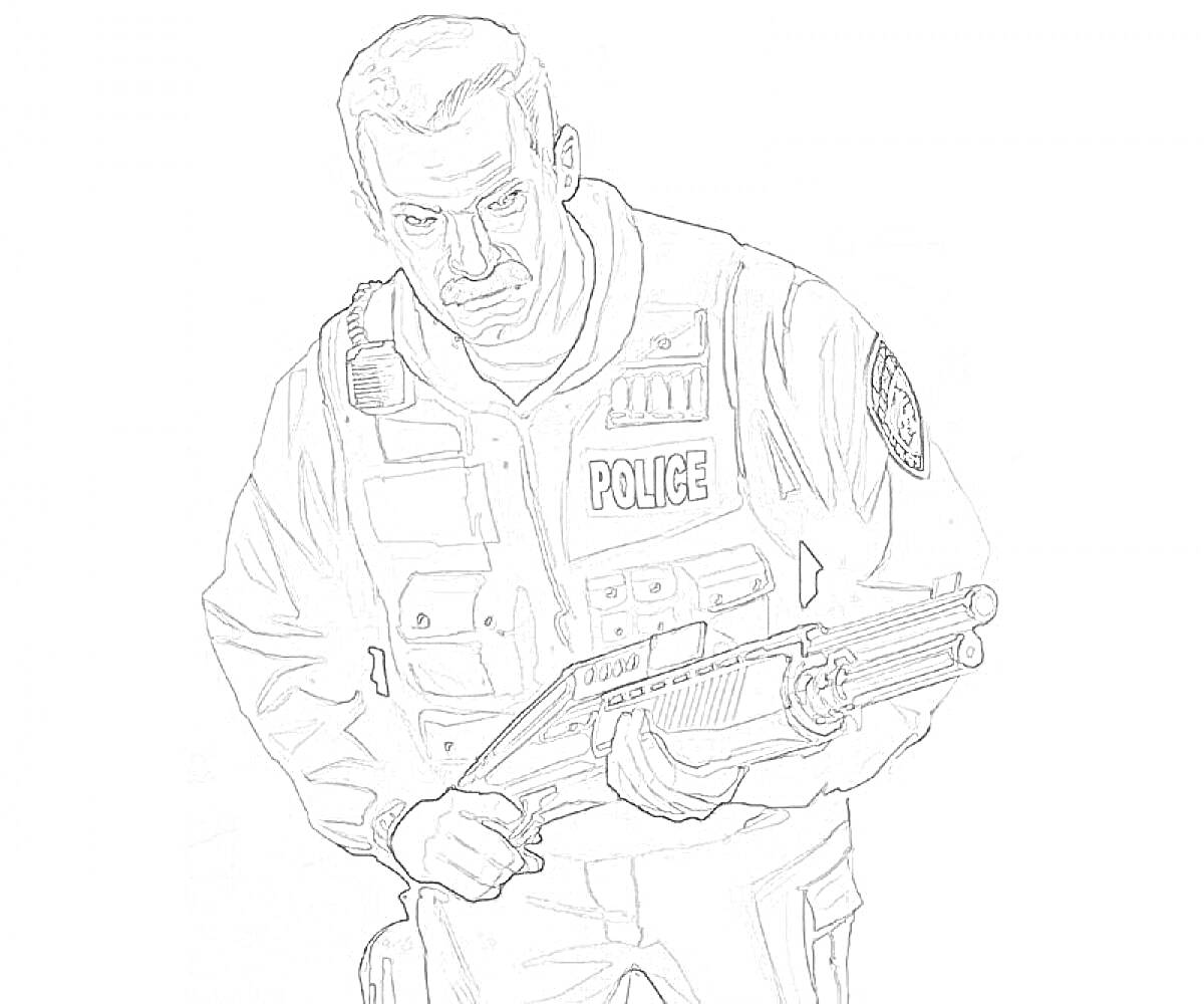 На раскраске изображено: Оружие, Униформа, Жилет, Гта, Полиция