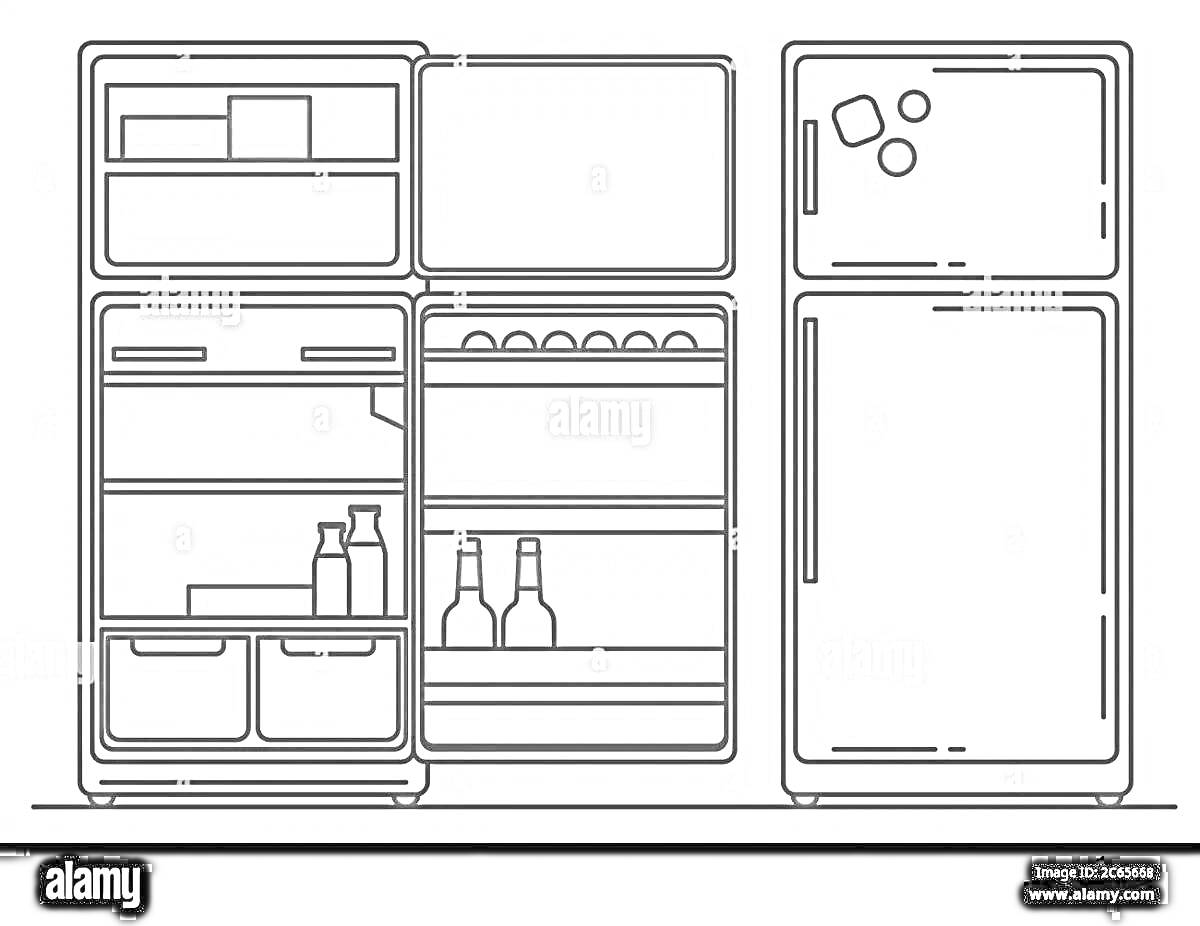 Раскраска Открытый холодильник с полками, бутылками и продуктами, рядом закрытый холодильник с магнитами