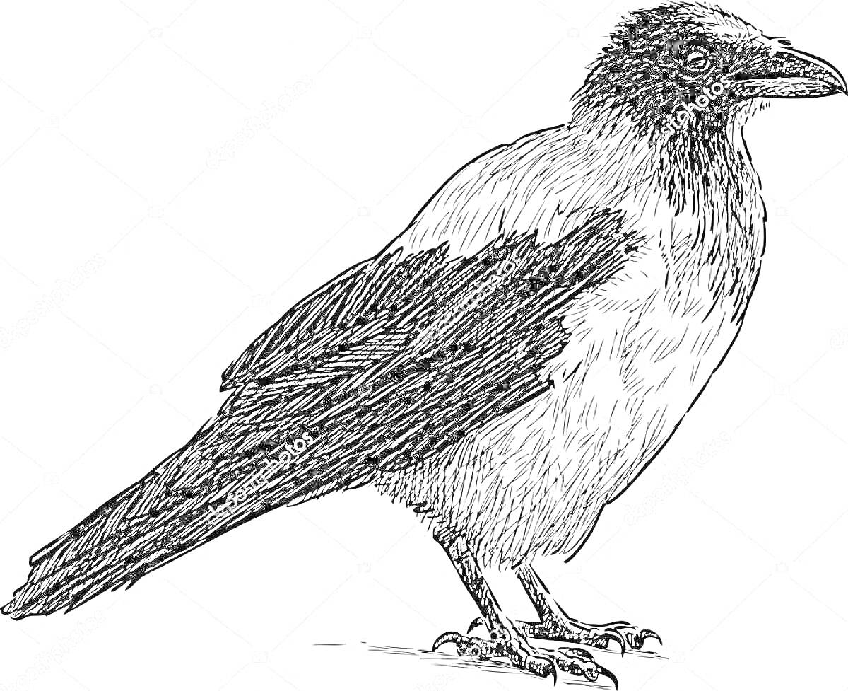Раскраска Ворон, стоящий на земле, вид сбоку