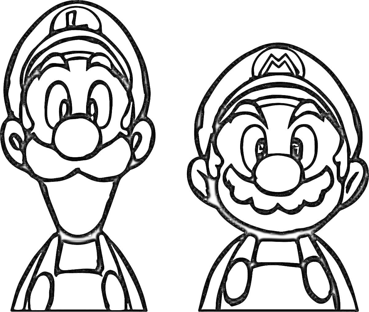 Раскраска Луиджи и Марио в шляпах, крупный план лиц