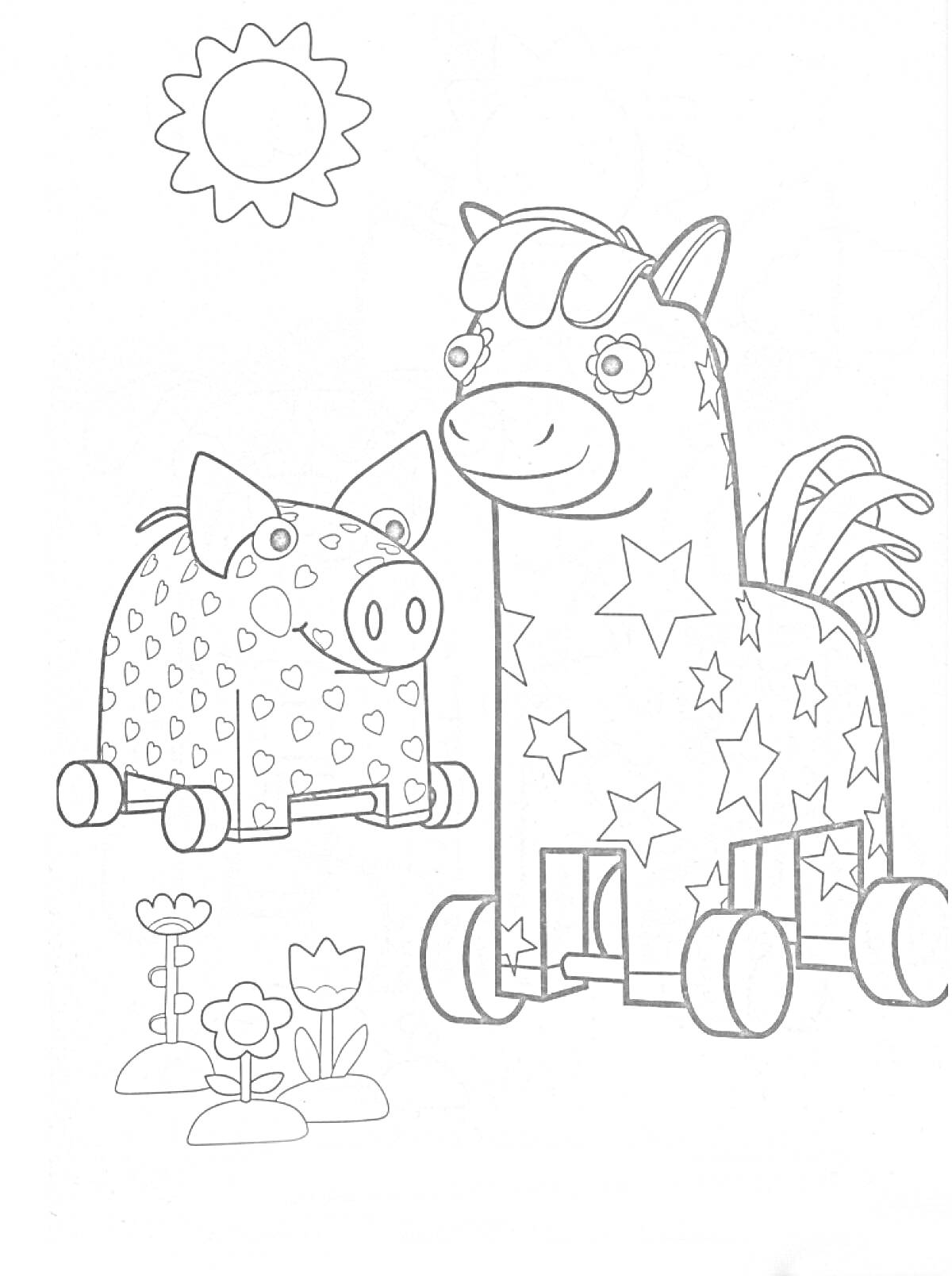 Раскраска Деревяшки в виде лошадки и свинки с цветами и солнцем