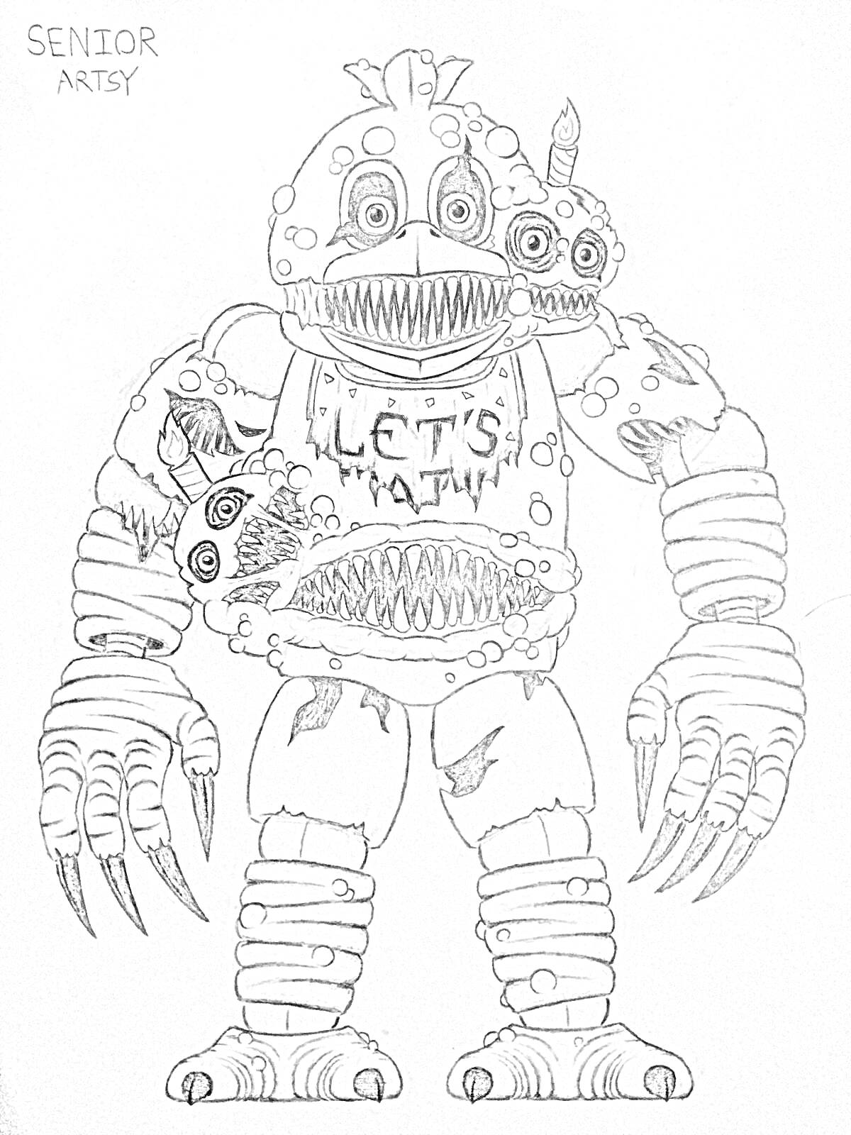 Раскраска Кошмарный аниматроник с тремя головами, клювами вместо ртов и светящимися глазами, с когтями и надписью 