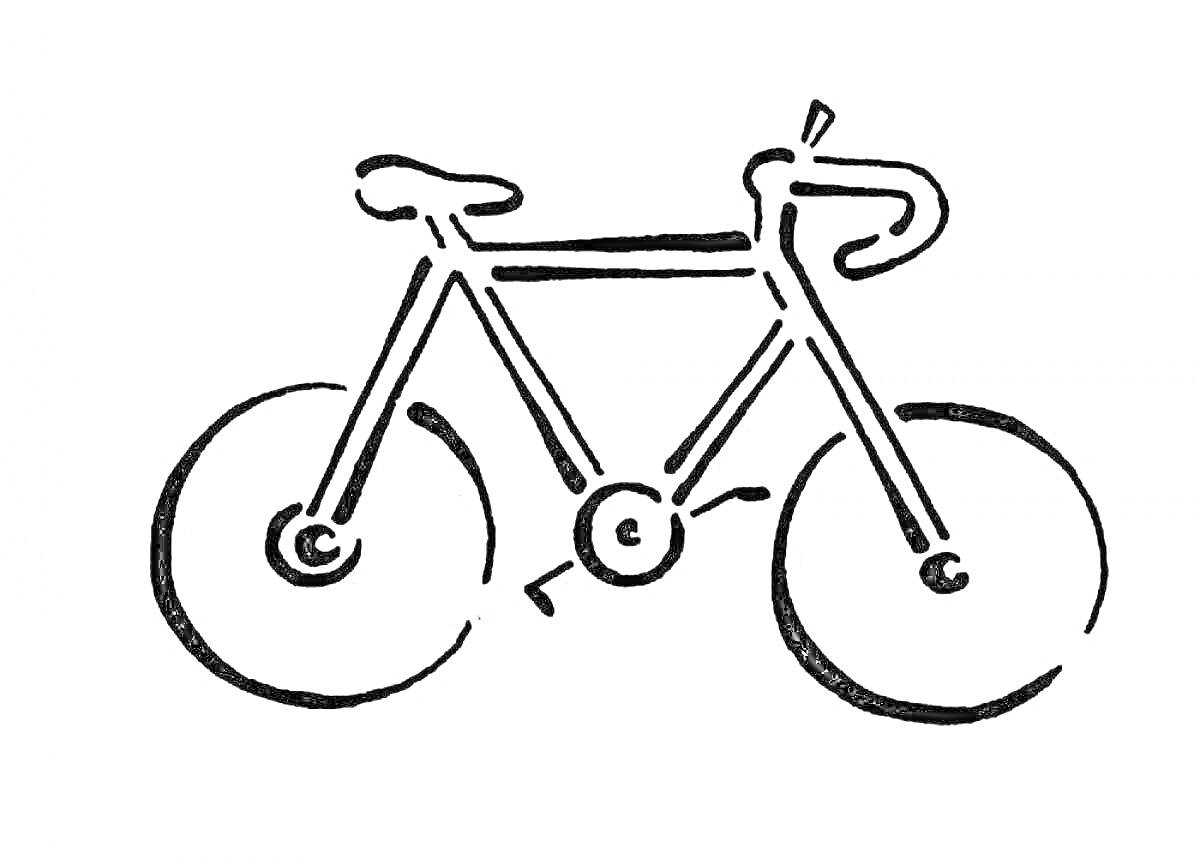 На раскраске изображено: Велосипед, Спорт, Транспорт, Два колеса, Рама, Руль, Педали