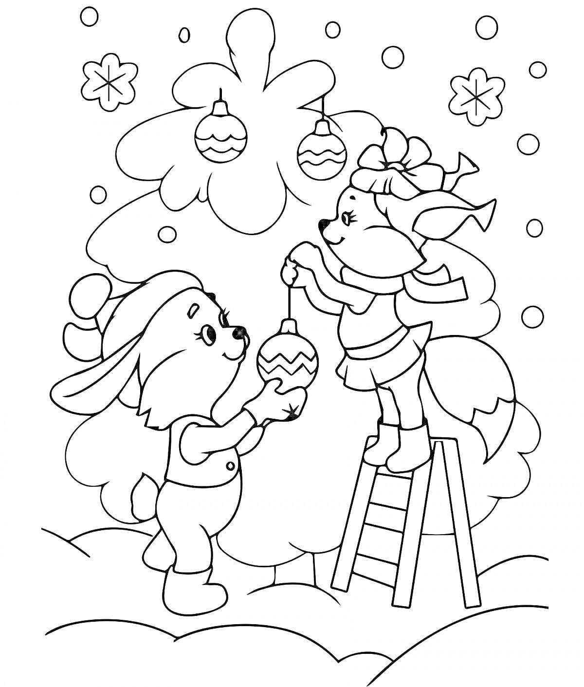 Раскраска Лиса и заяц украшают новогоднюю елку