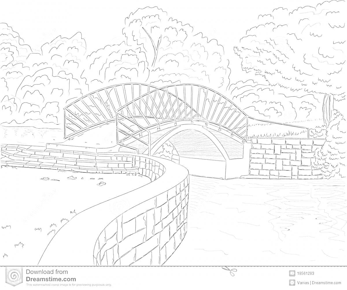 На раскраске изображено: Мост, Река, Лес, Деревья, Природа, Каменная кладка, Арка, Вода